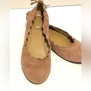 JACK ROGERS 'Lucie' 8M Scalloped Suede Bow Ballet Flats TAN LEATHER SUEDE